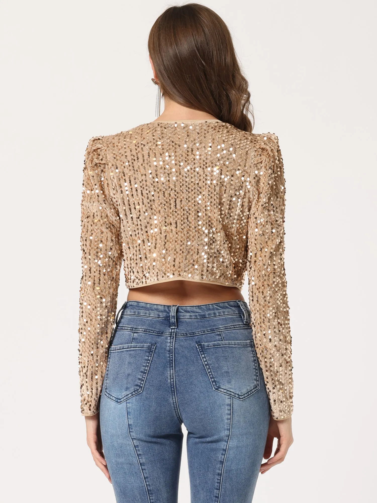 Sequin Shrug Open Front Collarless Sparkly Crop Blazer Jacket