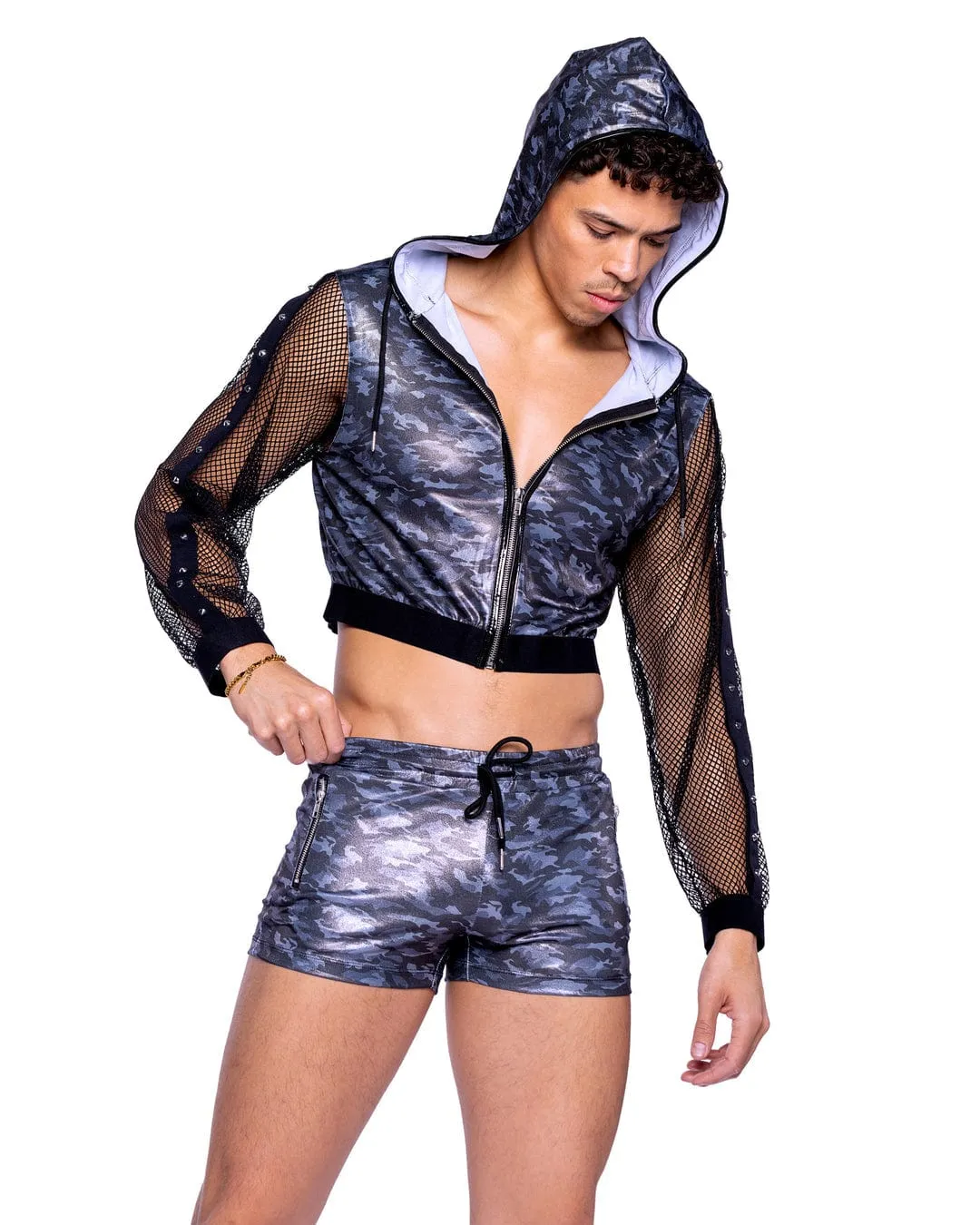 Sexy Men's Shimmer Camouflauge Cropped Hooded Jacket