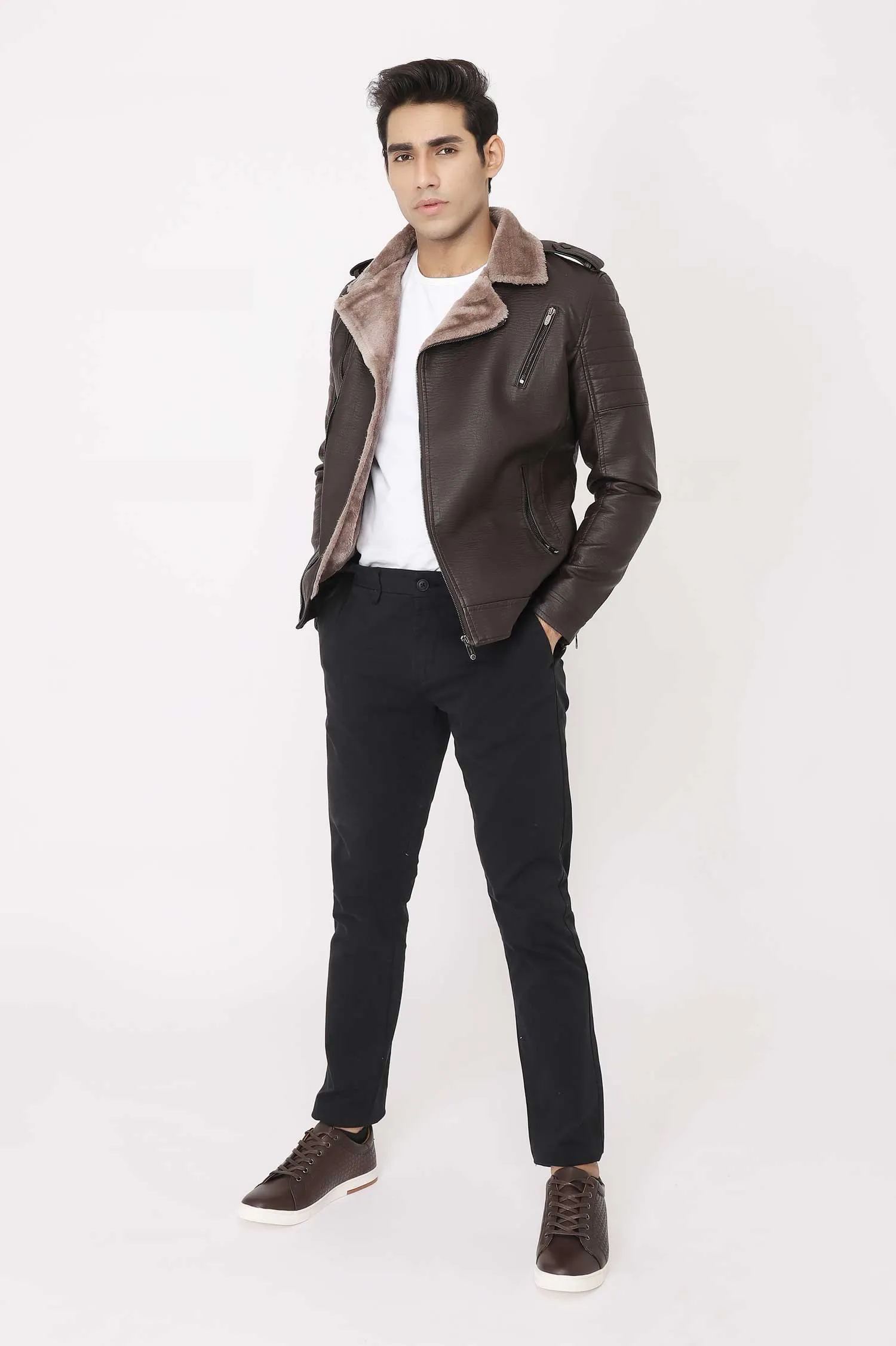 SHEARLING-LINED FAUX LEATHER BIKER JACKET-COFFEE