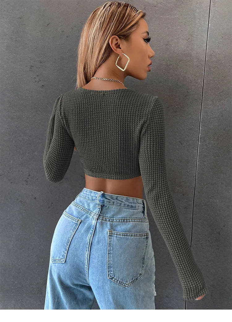 Short Slim-fit Sexy Square Neck Knitted Sweater Wide Neck Long Sleeve T-shirt Jumper