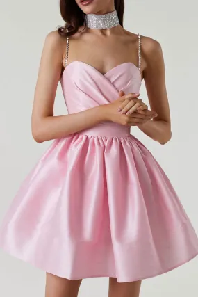 Silky Sweetheart Spaghetti Strap Pleated Satin Skater Mini Dress - Pink