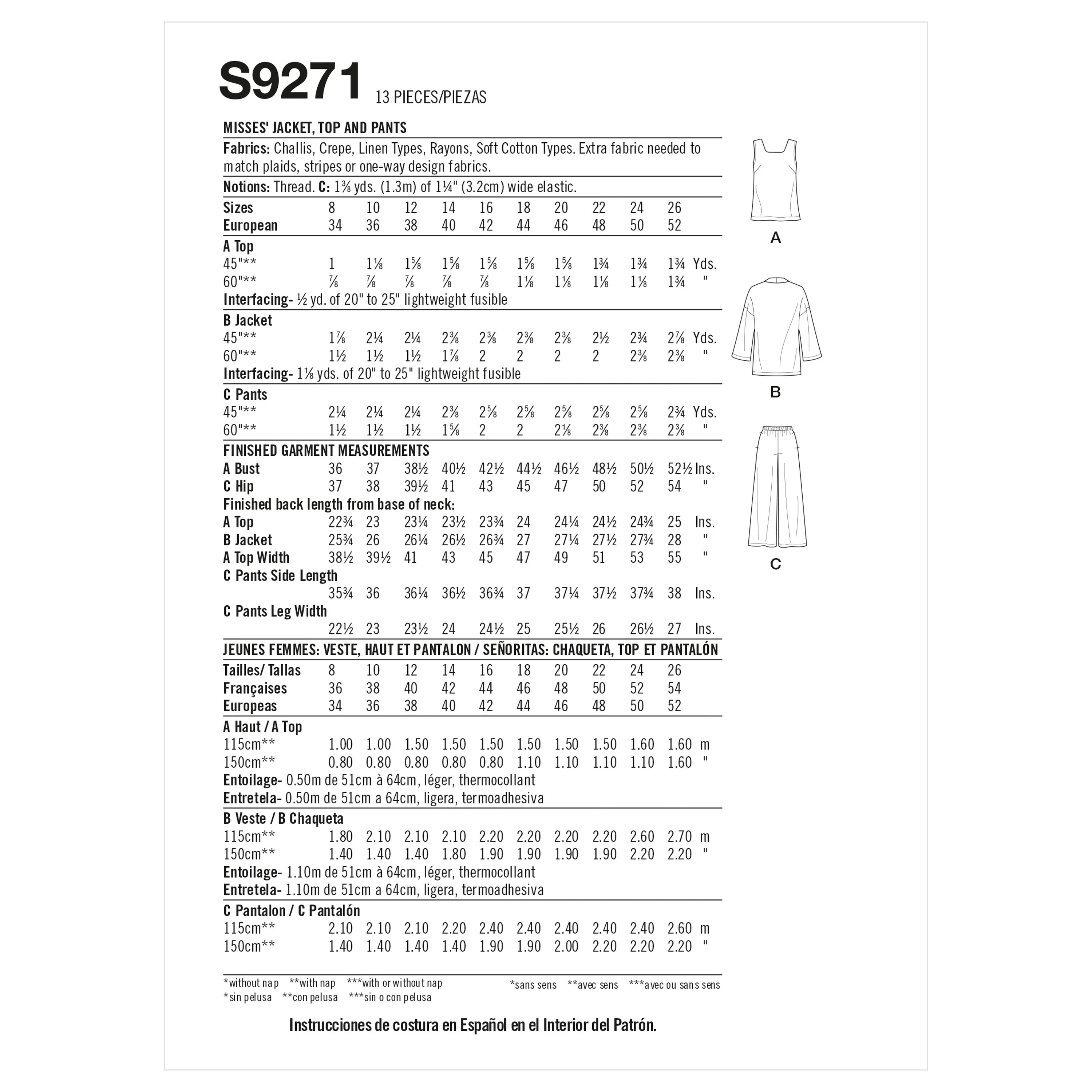 Simplicity Pattern 9271 Misses' Jacket, Top & Pants