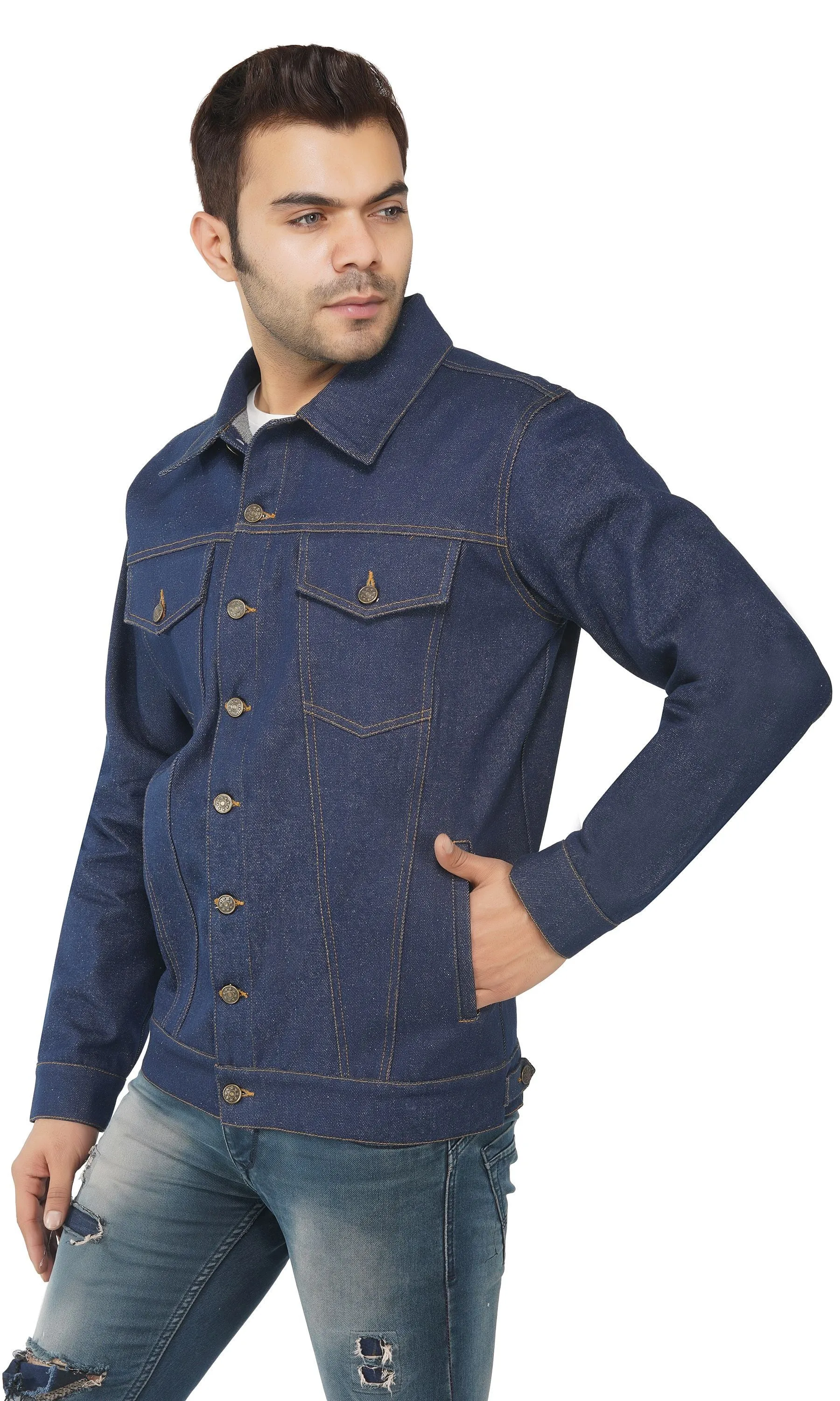 SLAY. Men's Denim Navy Blue Cotton Biker Denim Jacket