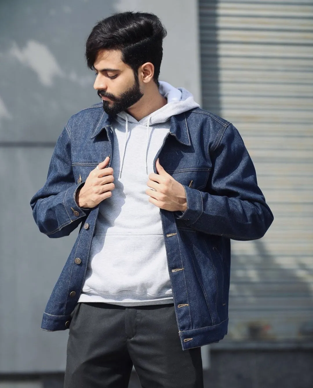 SLAY. Men's Denim Navy Blue Cotton Biker Denim Jacket