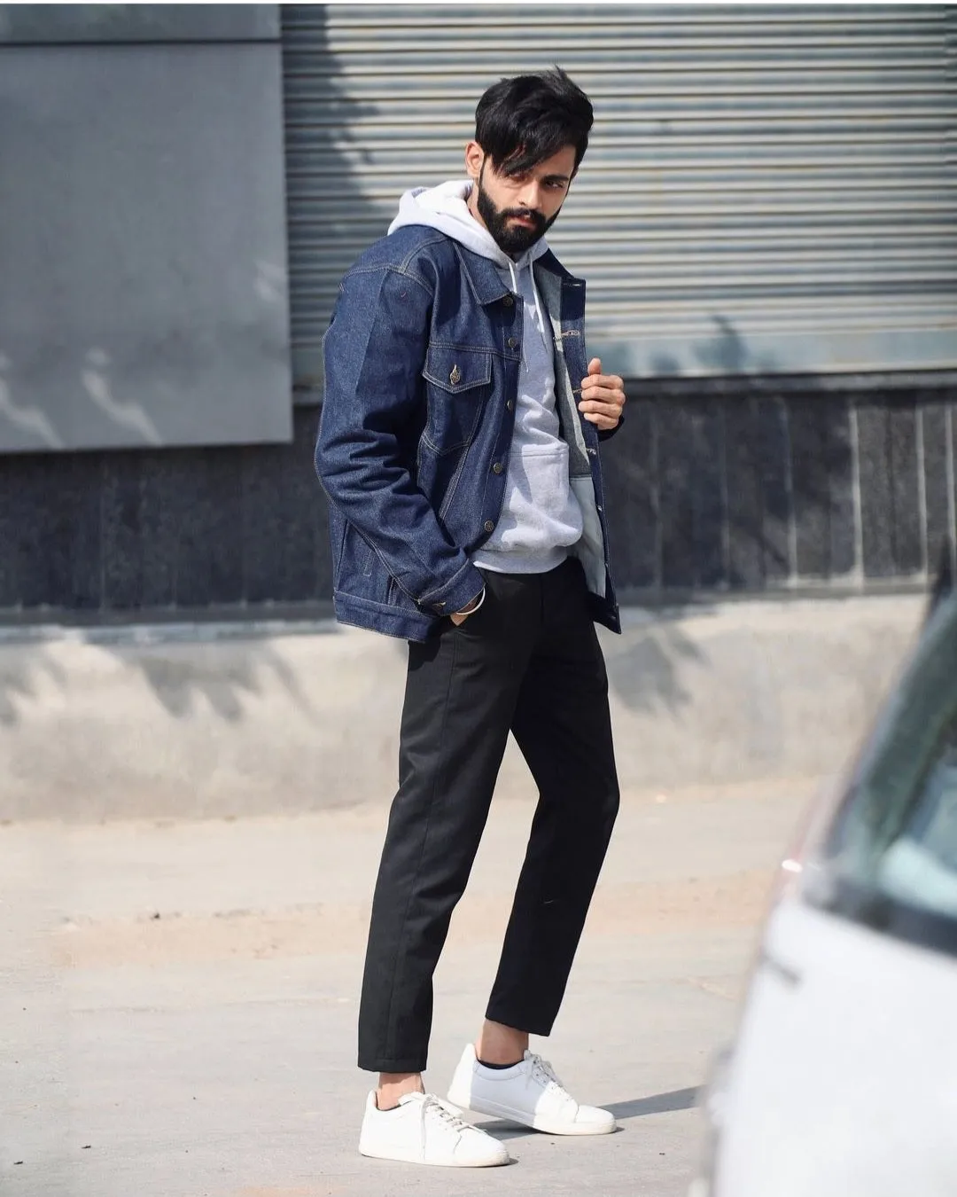 SLAY. Men's Denim Navy Blue Cotton Biker Denim Jacket