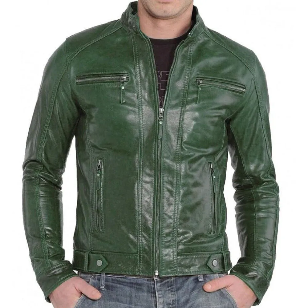 Slim Fit Green Leather Zipper Up Jacket