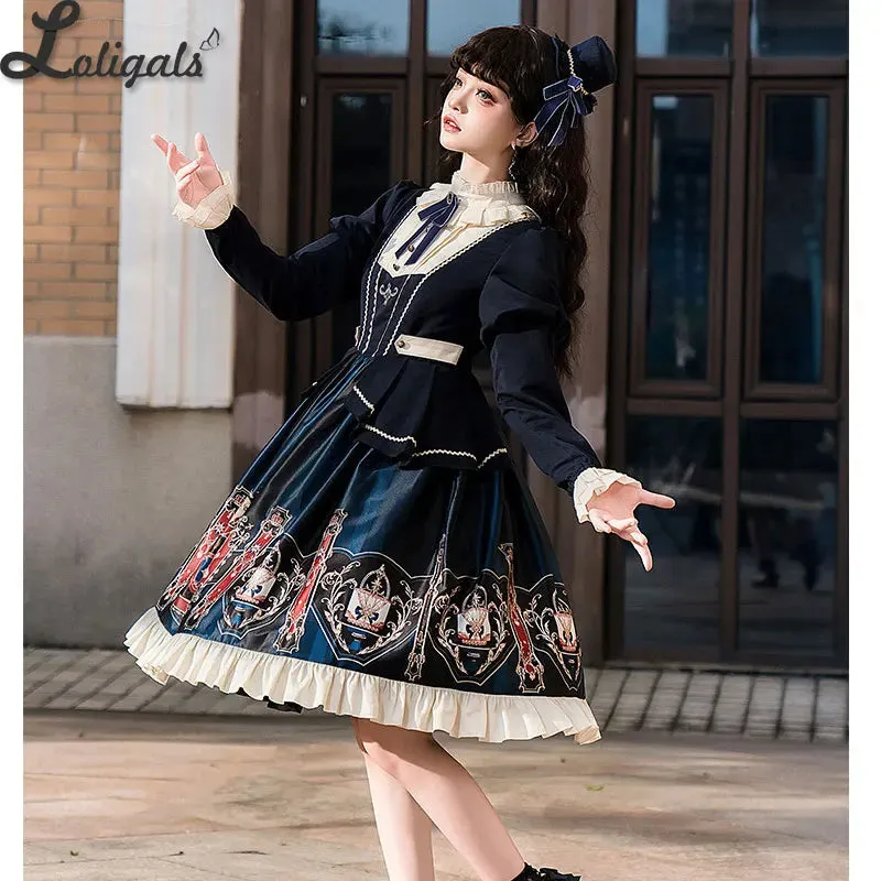 Sweet Preppy Style Lolita Dress Long Sleeve Printed Casual Dress - Chocolate School