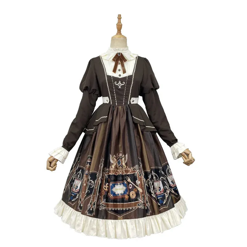 Sweet Preppy Style Lolita Dress Long Sleeve Printed Casual Dress - Chocolate School