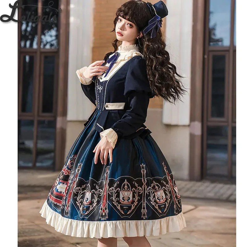 Sweet Preppy Style Lolita Dress Long Sleeve Printed Casual Dress - Chocolate School