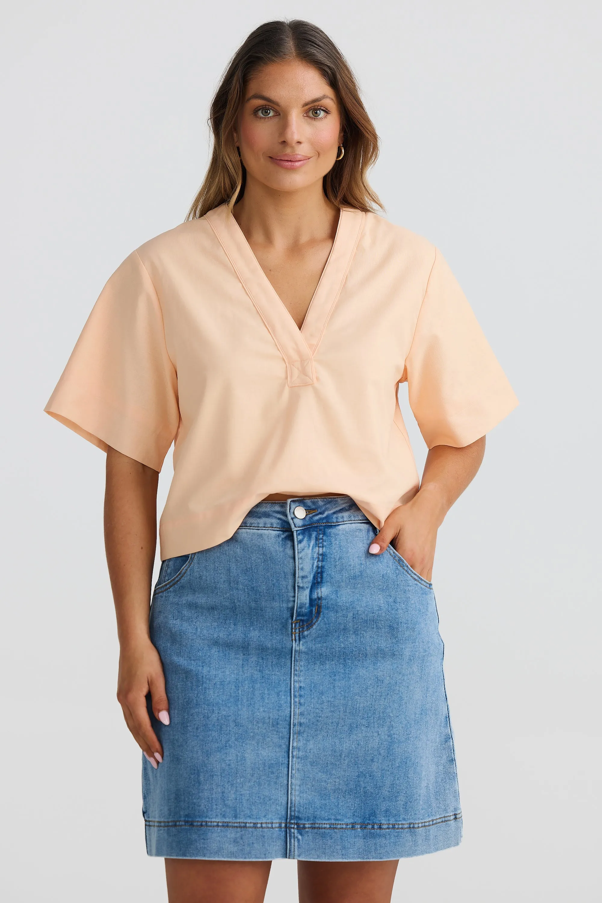 V-Neck Short Sleeve Top - Peach