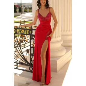 V-Neck Sleeveless Beaded Ruched Satin Sheath Long Prom Evening Dress