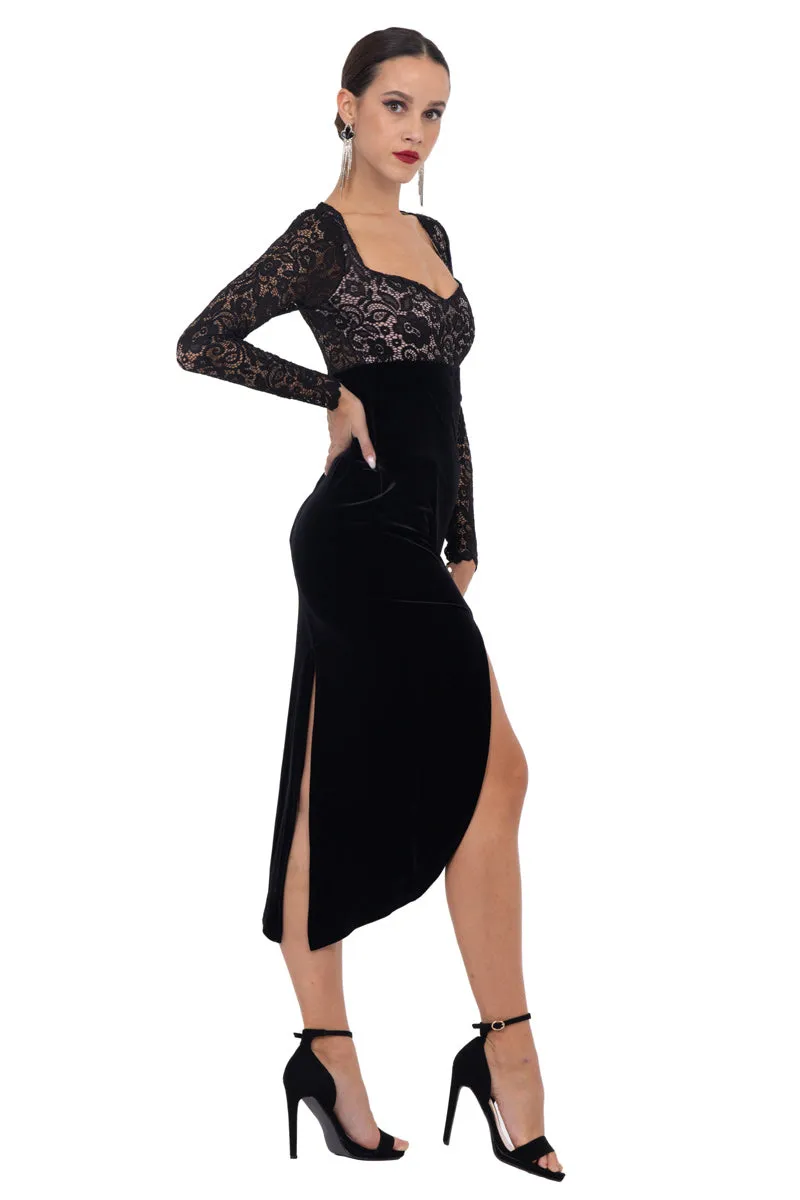 Velvet Dress With Guipure Lace & Curved Slit