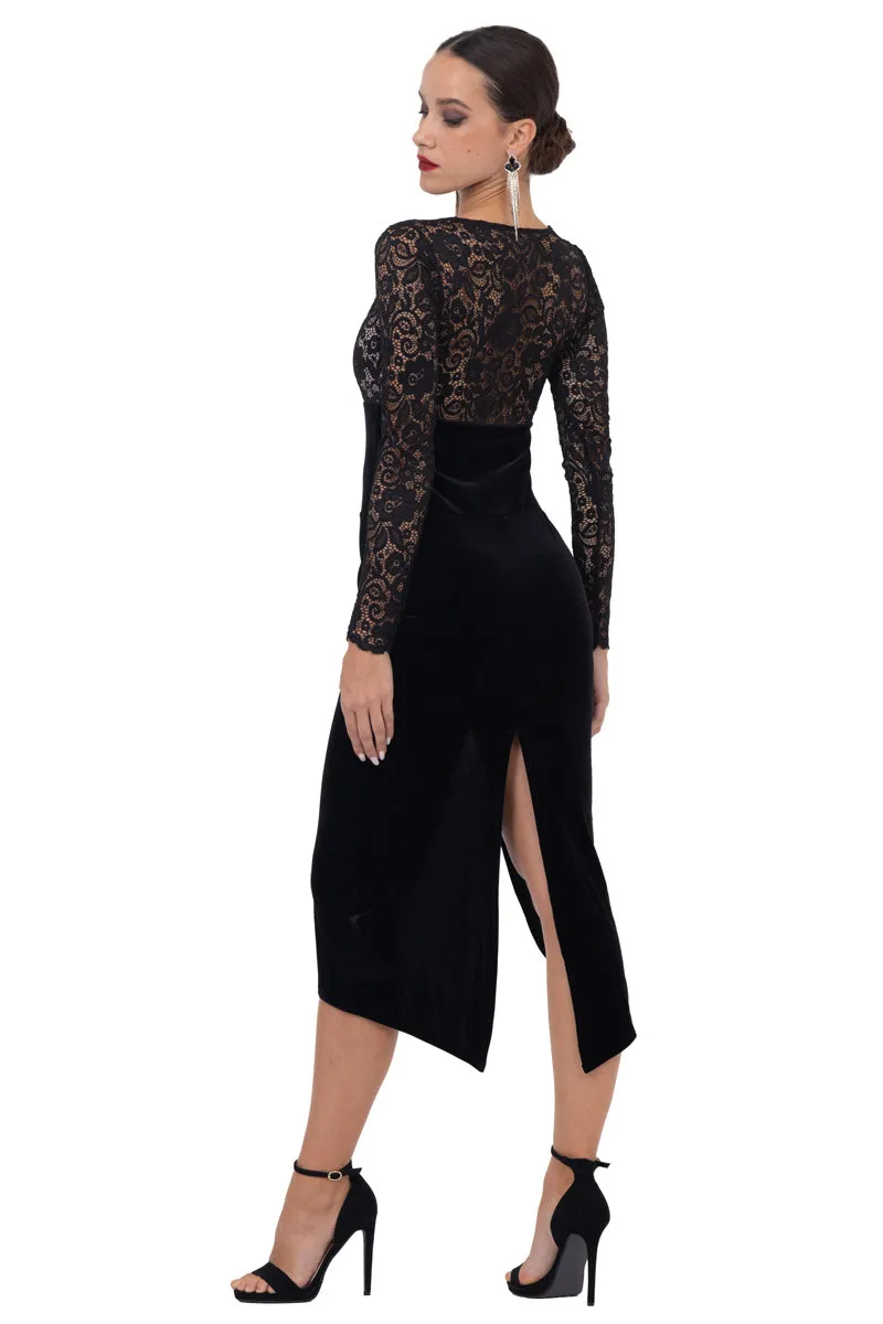 Velvet Dress With Guipure Lace & Curved Slit