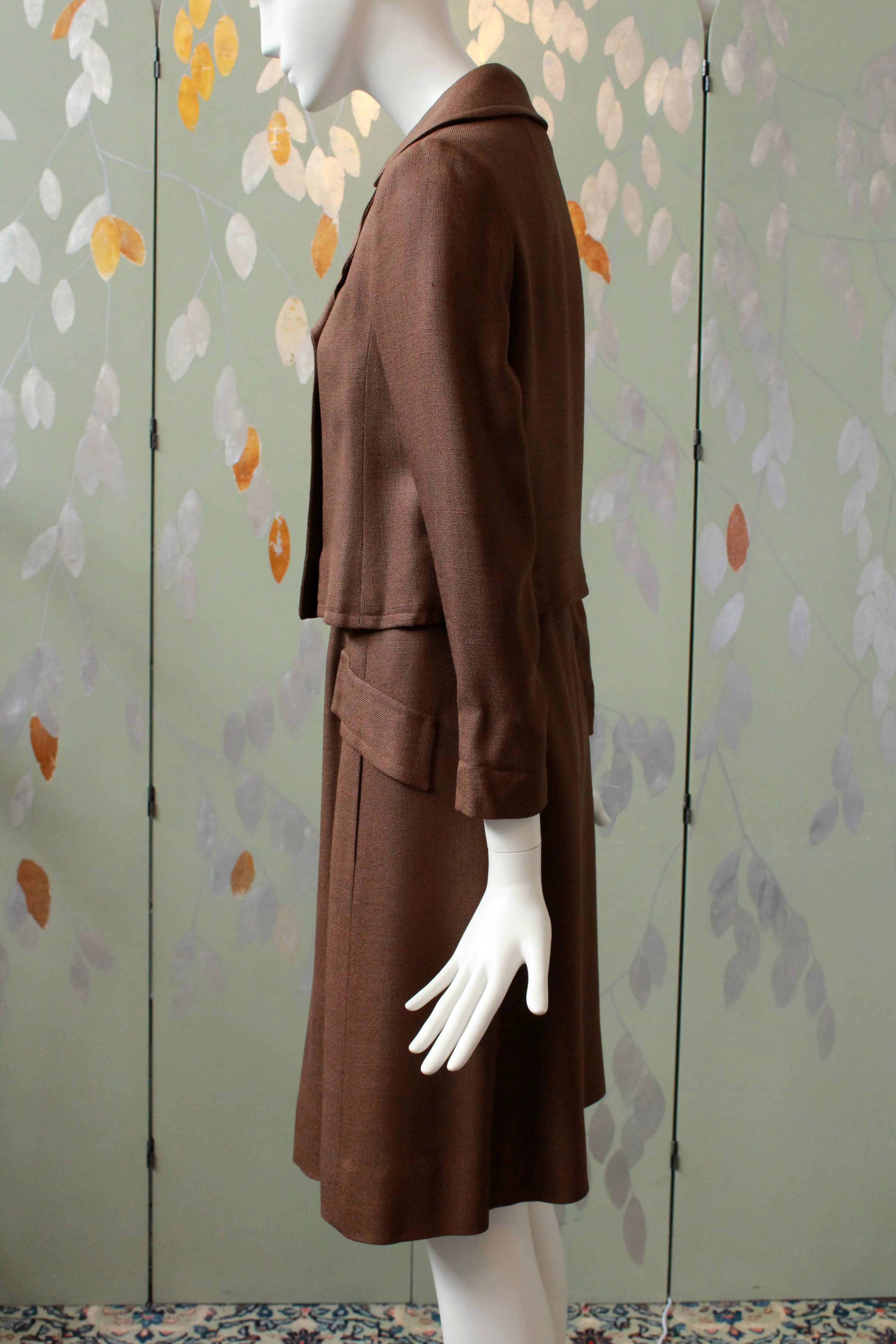 Vintage 1960s Brown Dress Set With Weighted Jacket, XS