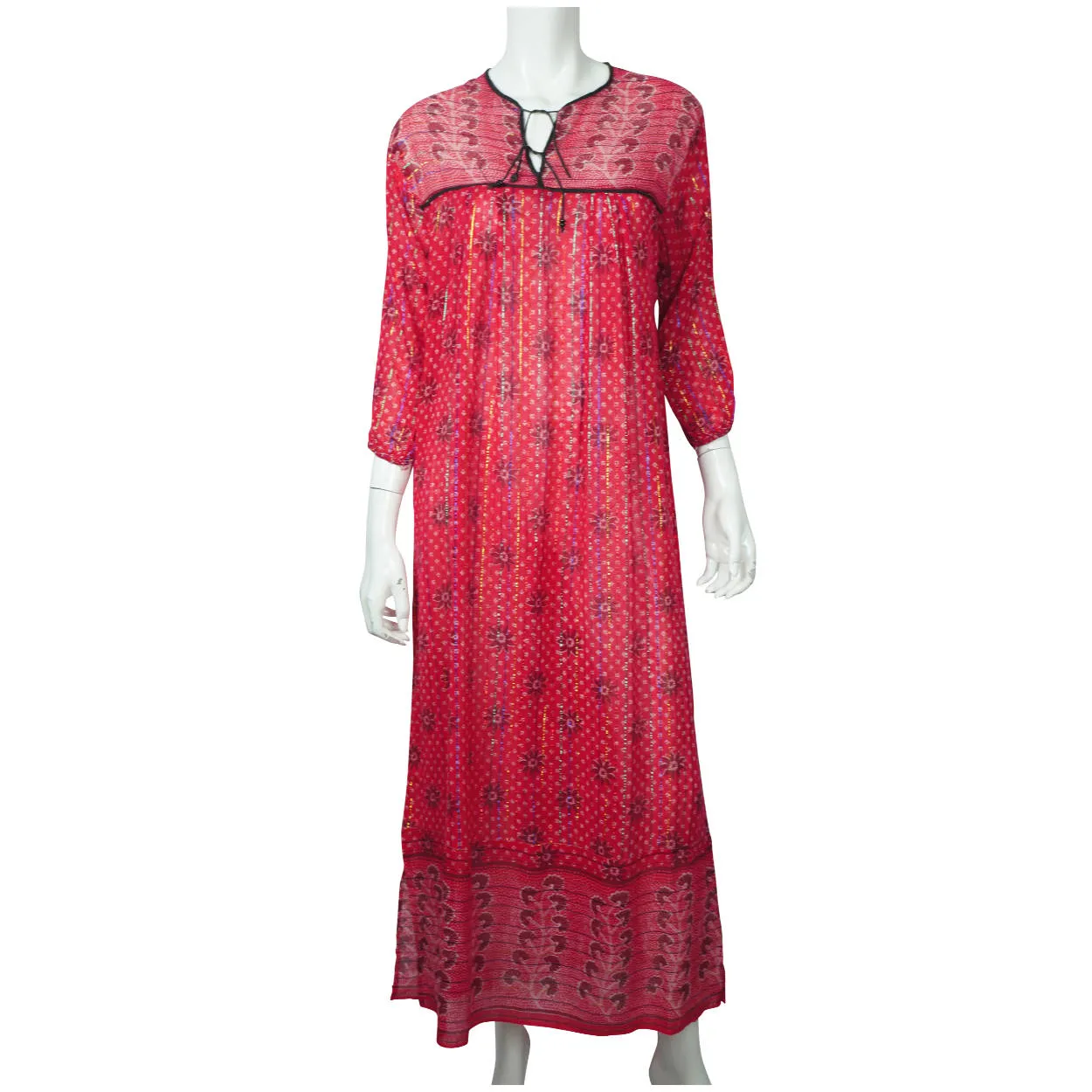 Vintage 1970s Indian Cotton Gauze Dress Pink Red Block Print Metallic Thread M