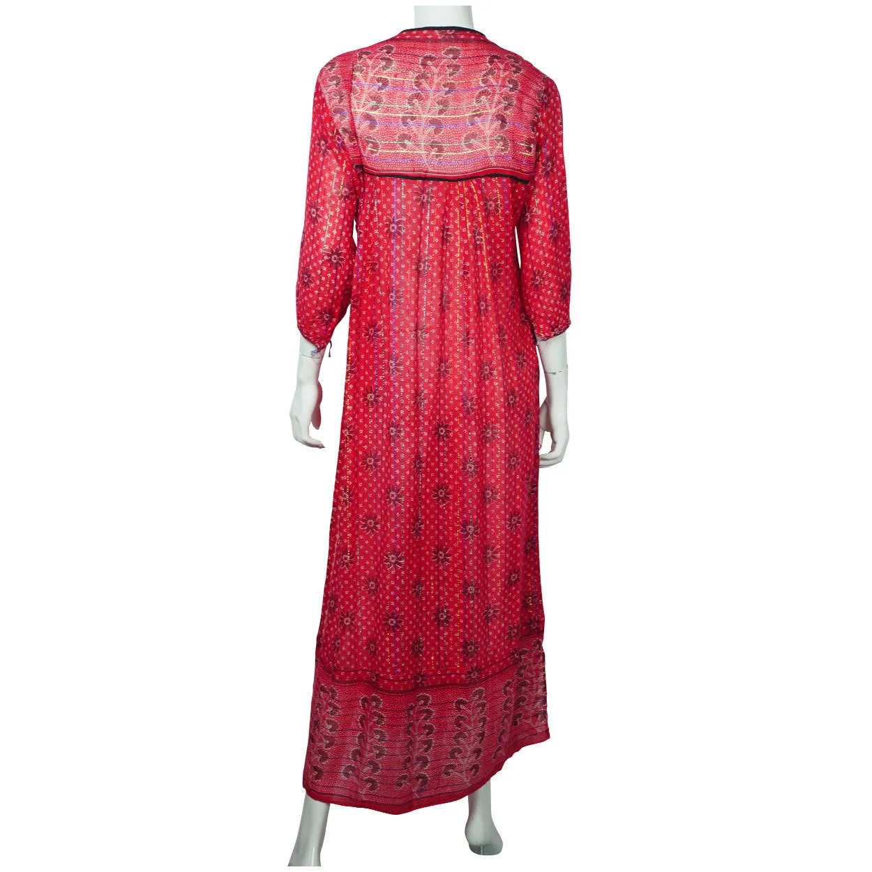 Vintage 1970s Indian Cotton Gauze Dress Pink Red Block Print Metallic Thread M