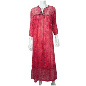 Vintage 1970s Indian Cotton Gauze Dress Pink Red Block Print Metallic Thread M