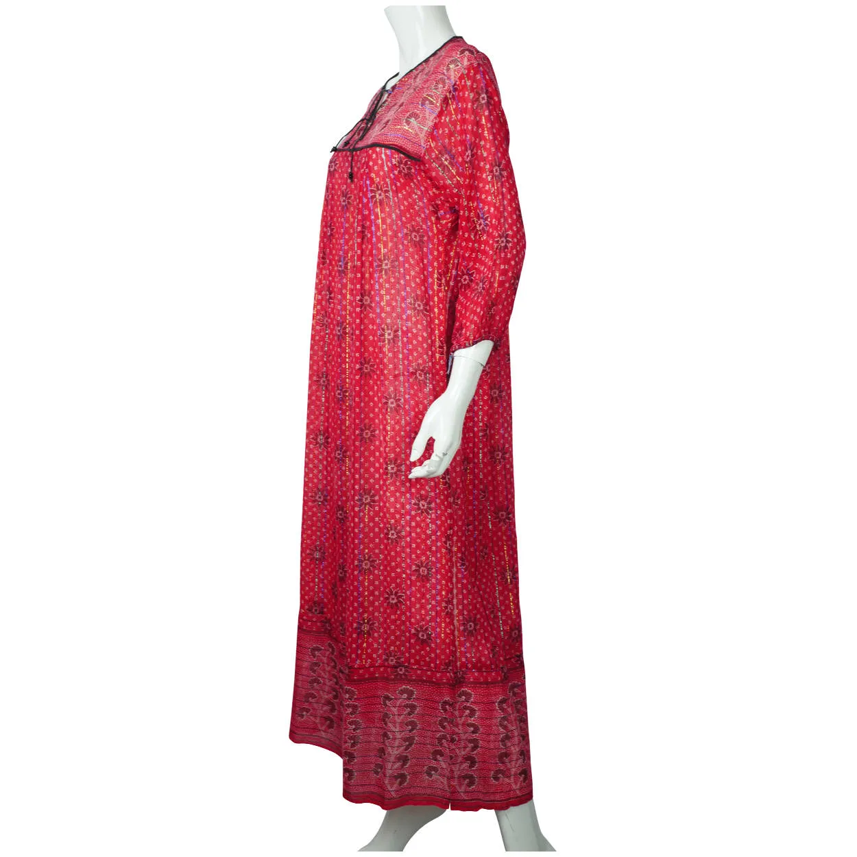 Vintage 1970s Indian Cotton Gauze Dress Pink Red Block Print Metallic Thread M