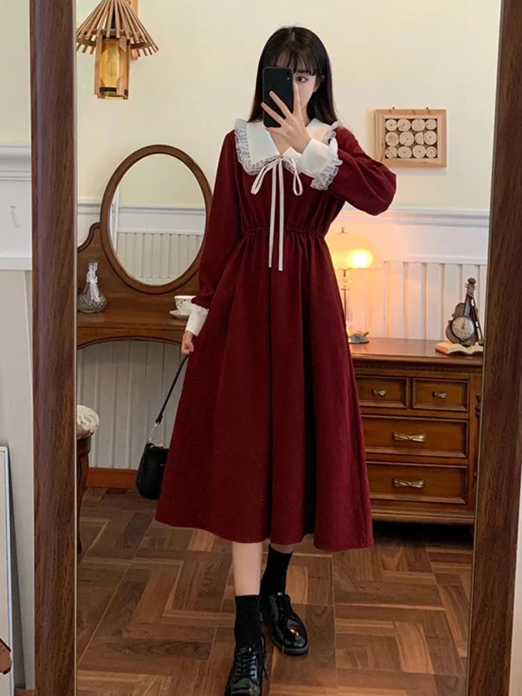 Vintage Dress Sweet Lace Peter Pan Collar Elegant Long Sleeve Lace-Up Korean Dress