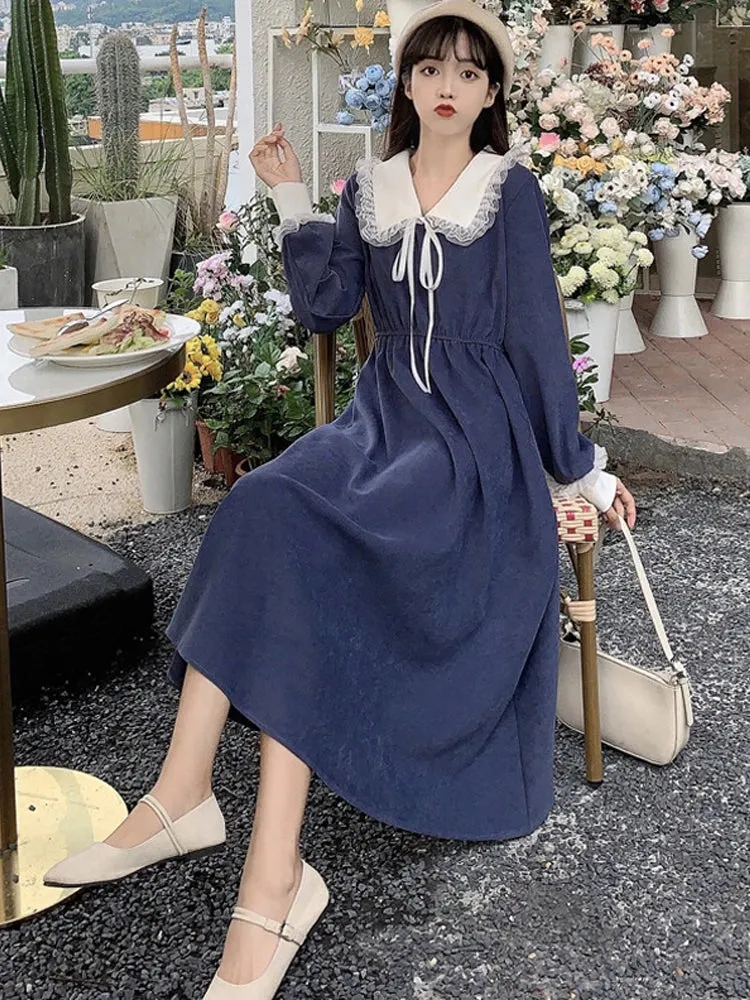 Vintage Dress Sweet Lace Peter Pan Collar Elegant Long Sleeve Lace-Up Korean Dress