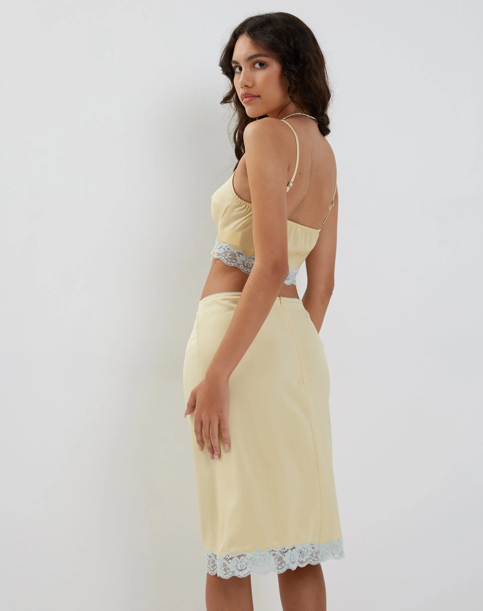 Virni Cami Crop Top in Pale Yellow Satin