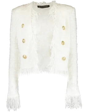 White Collarless Fringe Tweed Jacket