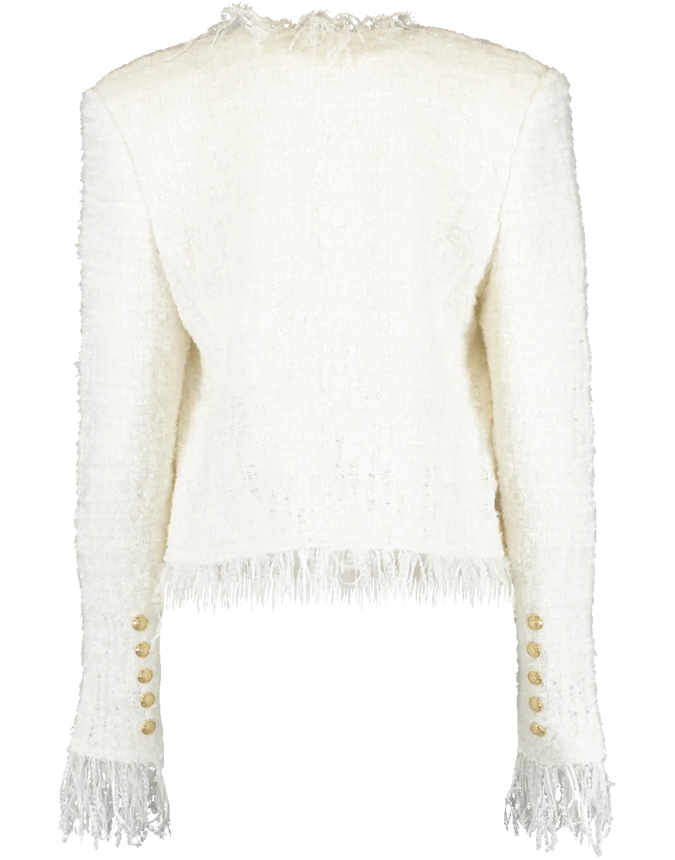 White Collarless Fringe Tweed Jacket