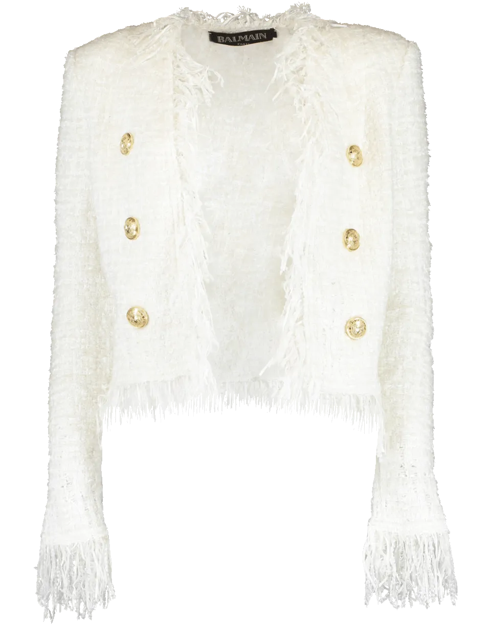 White Collarless Fringe Tweed Jacket