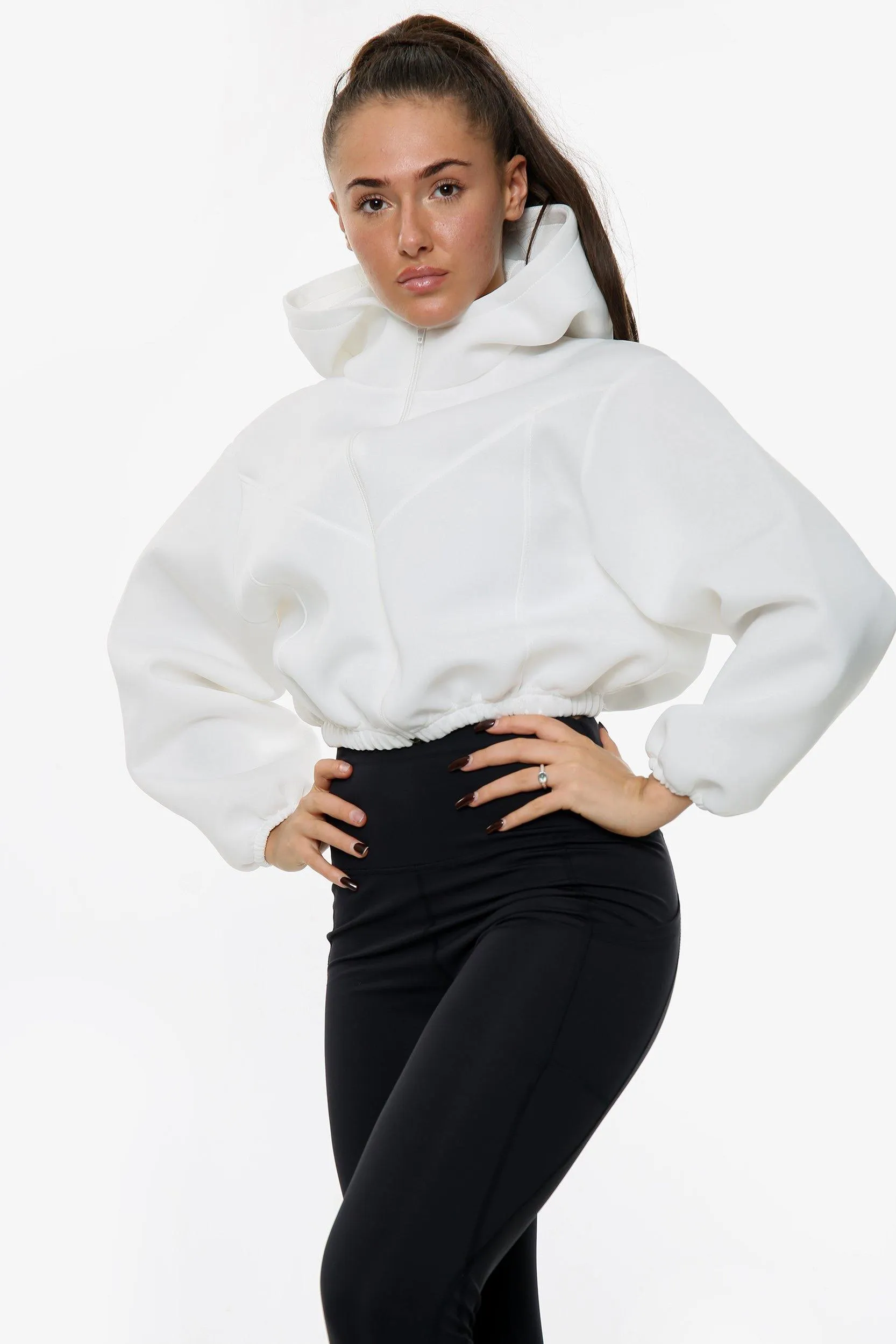 White Cropped Hooded Long Sleeves Jacket