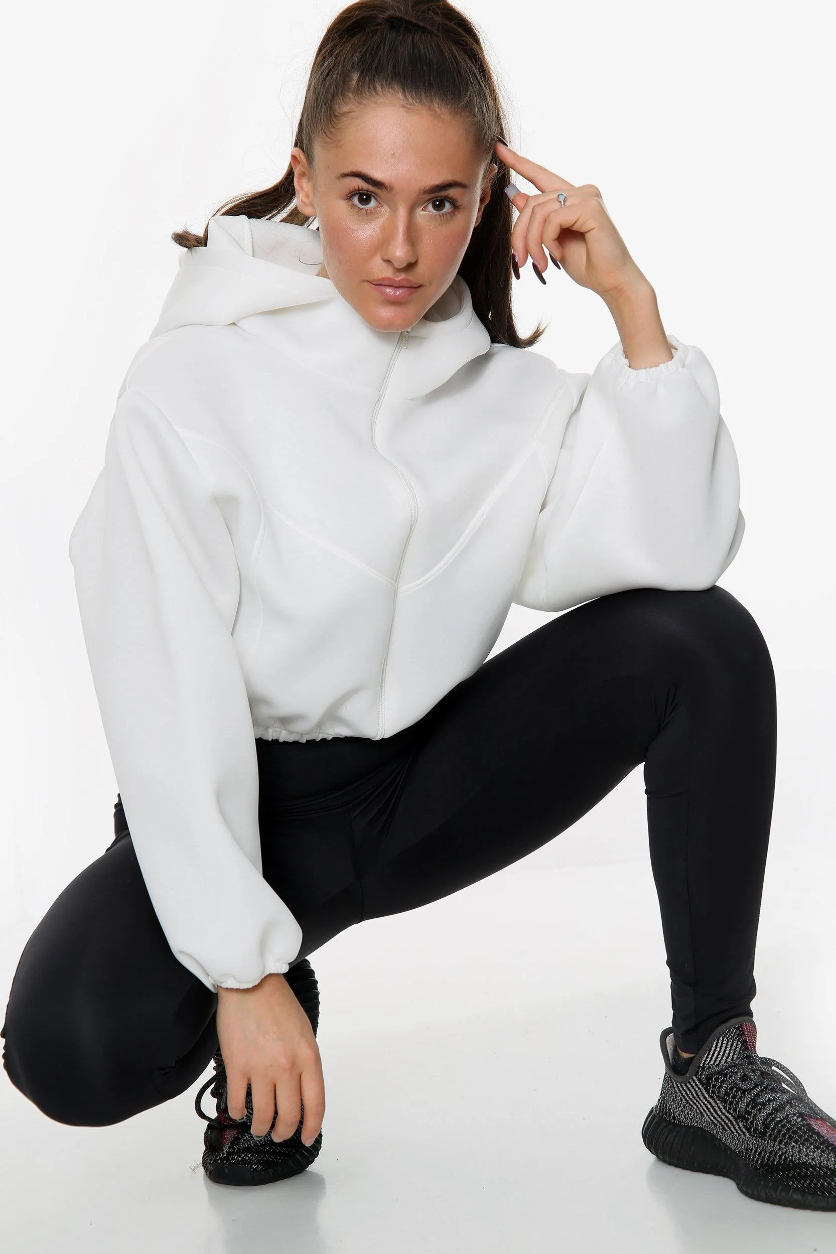 White Cropped Hooded Long Sleeves Jacket