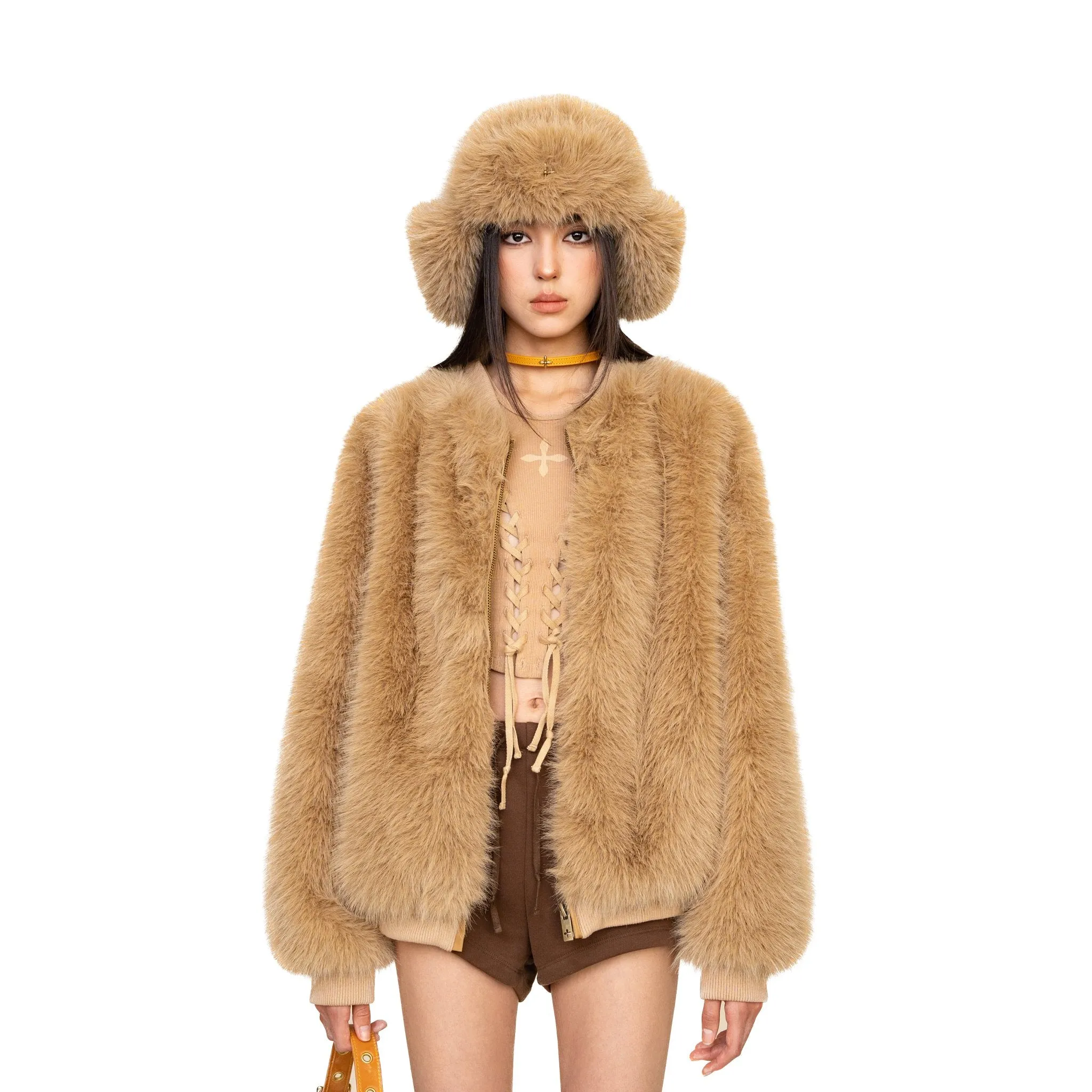 WildWorld Baseball Faux Fur Jacket In Wheat