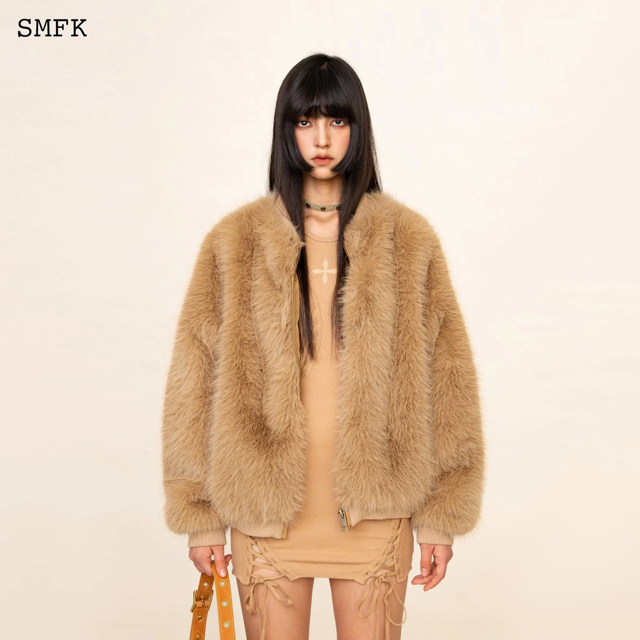 WildWorld Baseball Faux Fur Jacket In Wheat