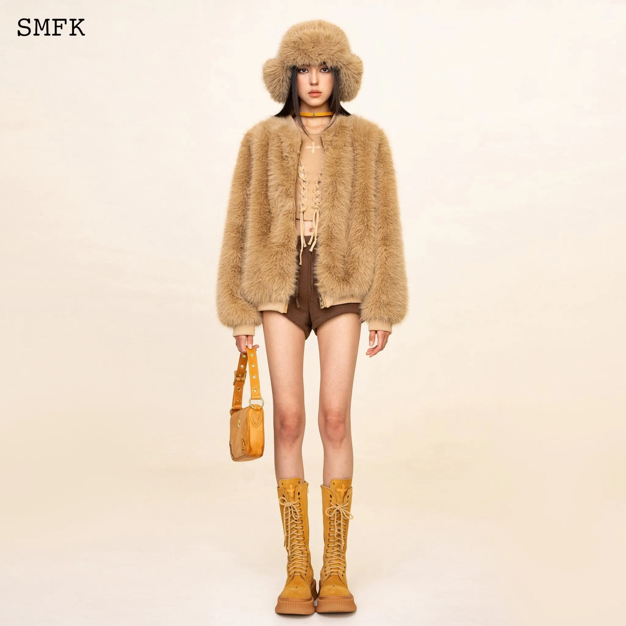 WildWorld Baseball Faux Fur Jacket In Wheat