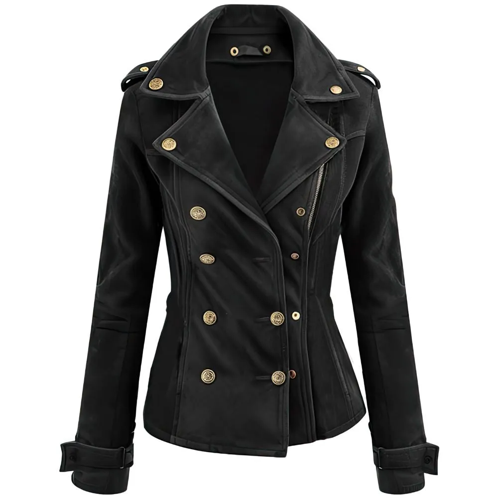 Women's Black Premium Double-Breasted Suede Sheepskin Leather Coat