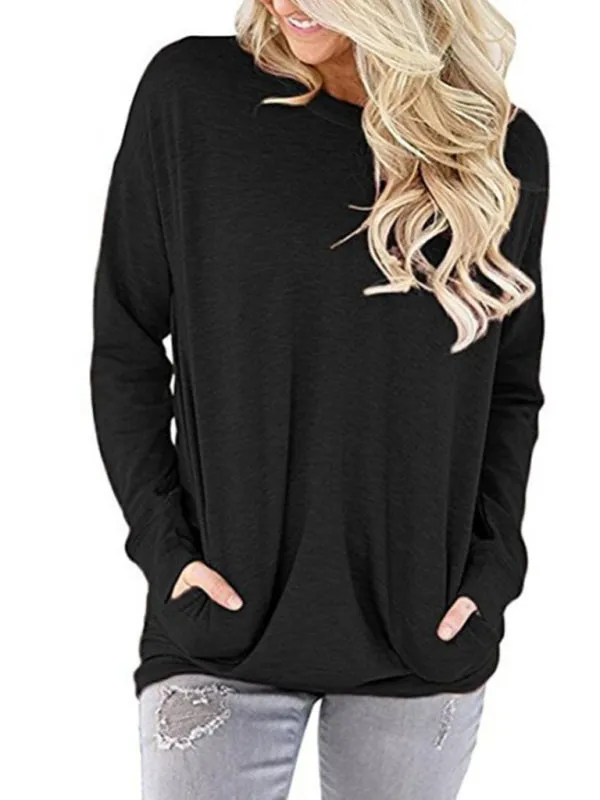 Women's Round Neck Batman Long Sleeve Pocket Solid Color Loose T-Shirt